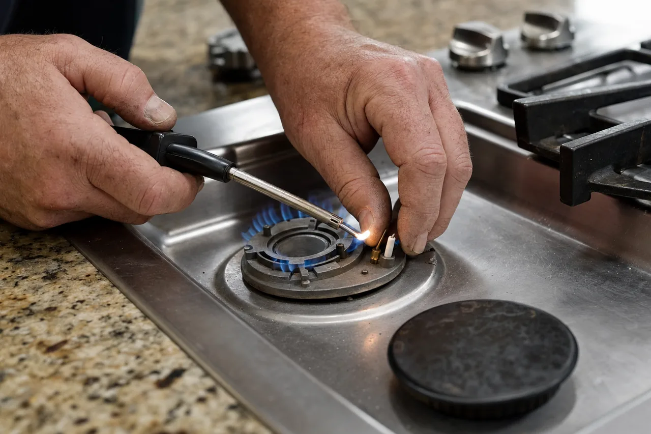 Technician adjusting a gas cooktop burner on a same-day visit
