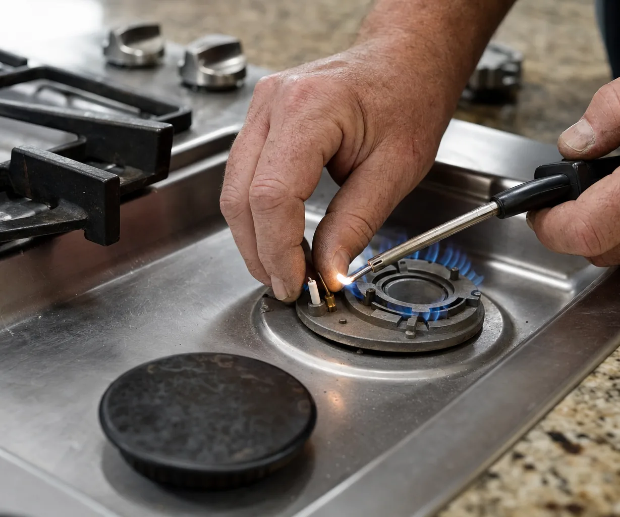 Technician adjusting a gas cooktop burner
