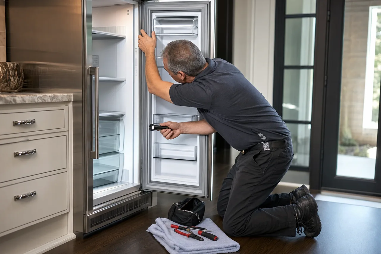 Technician repairing a built-in refrigerator in a Scarsdale kitchen