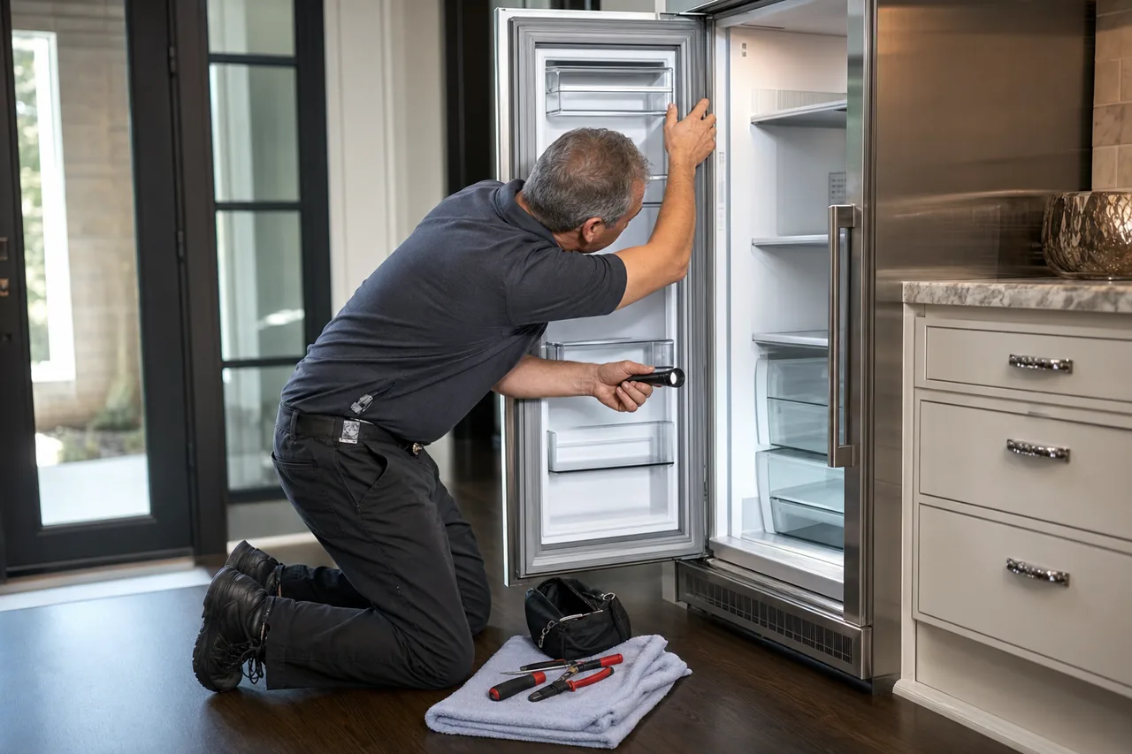 Technician repairing a built-in refrigerator up close