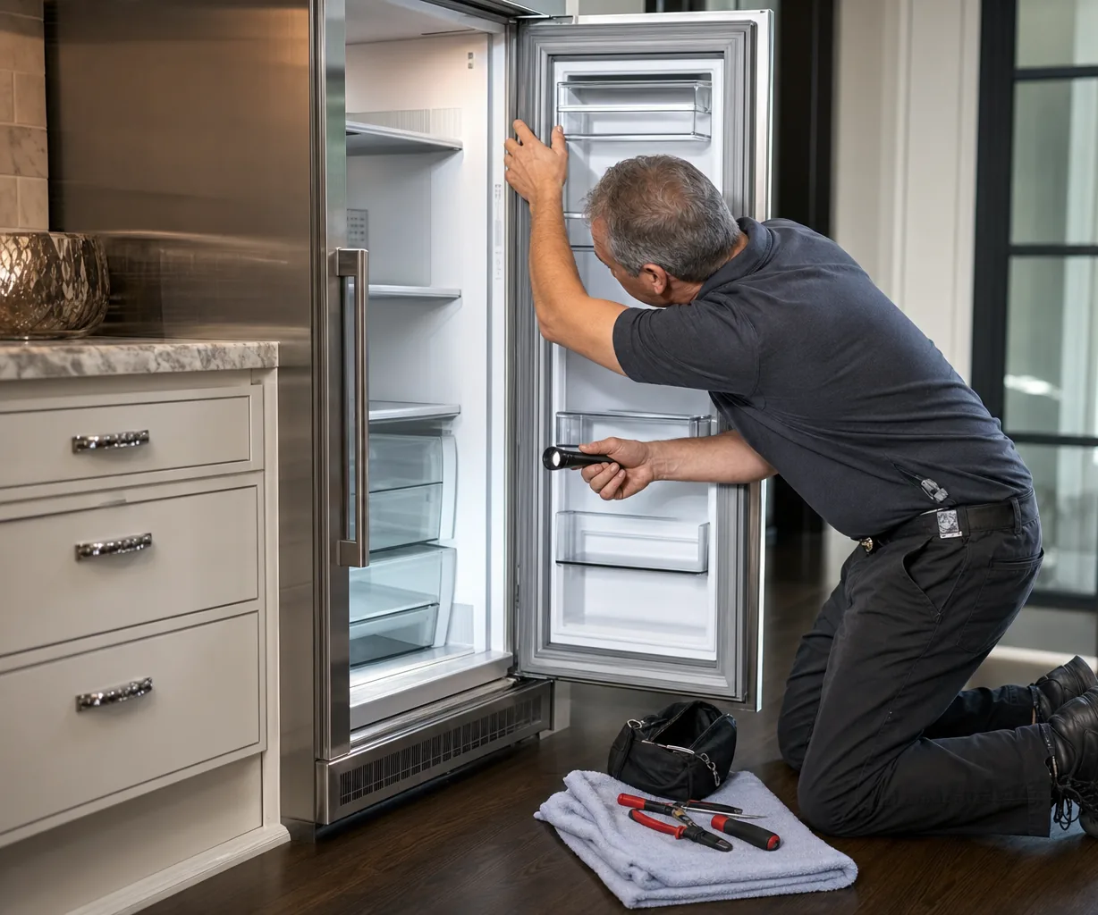 Technician repairing a built-in refrigerator on a same-day visit