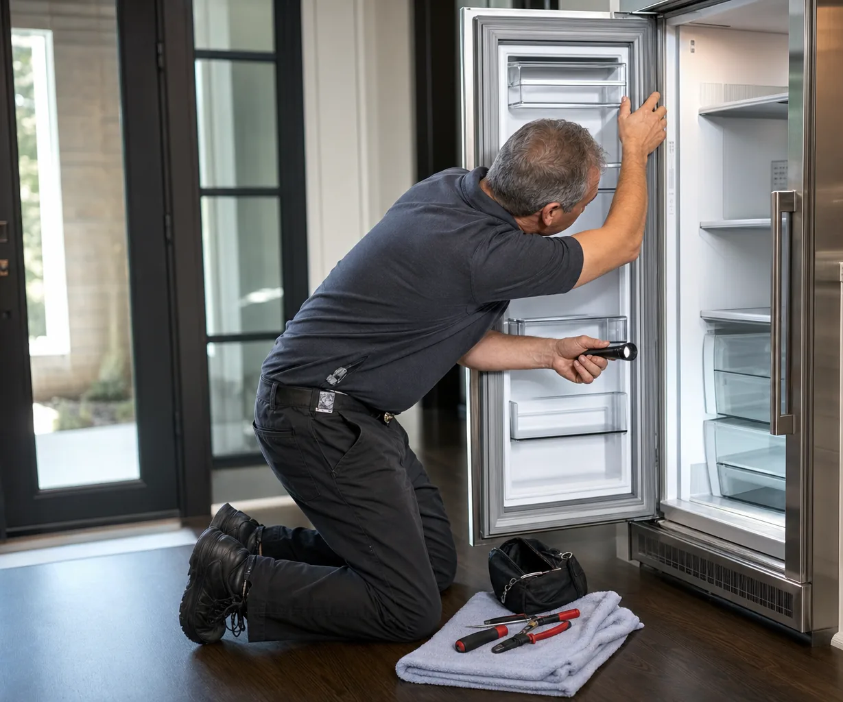 Technician repairing a built-in refrigerator mid-repair