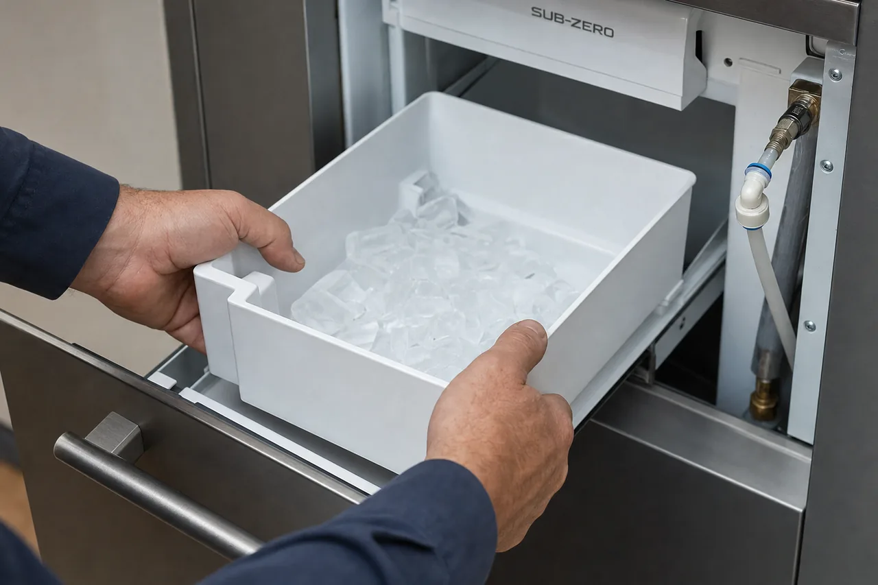 Technician servicing a built-in ice maker up close