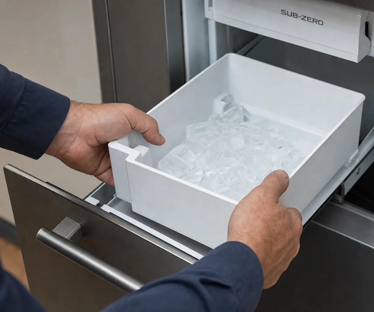 Technician servicing a built-in ice maker in a Scarsdale kitchen