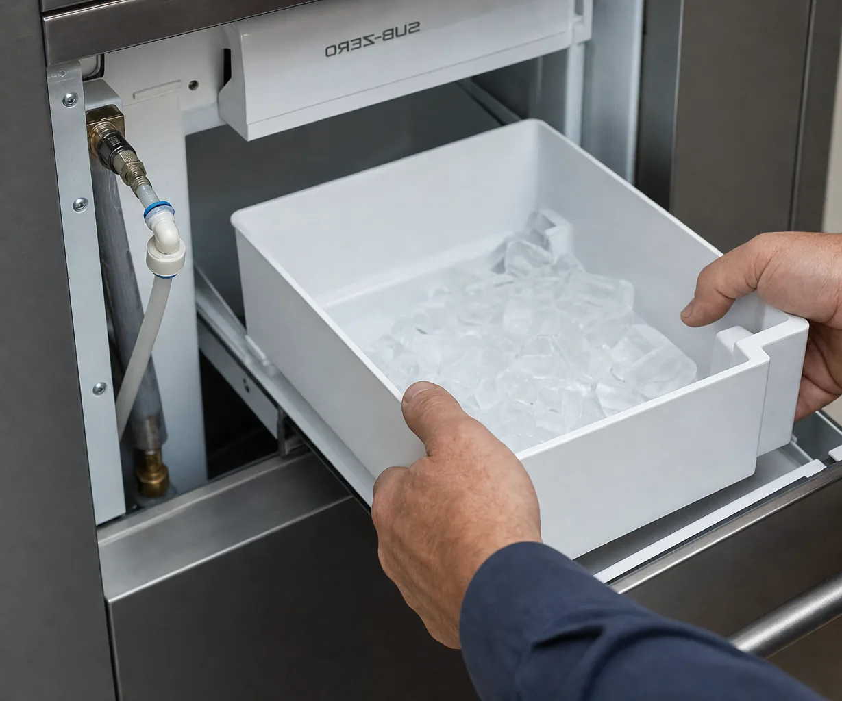 Technician servicing a built-in ice maker mid-repair