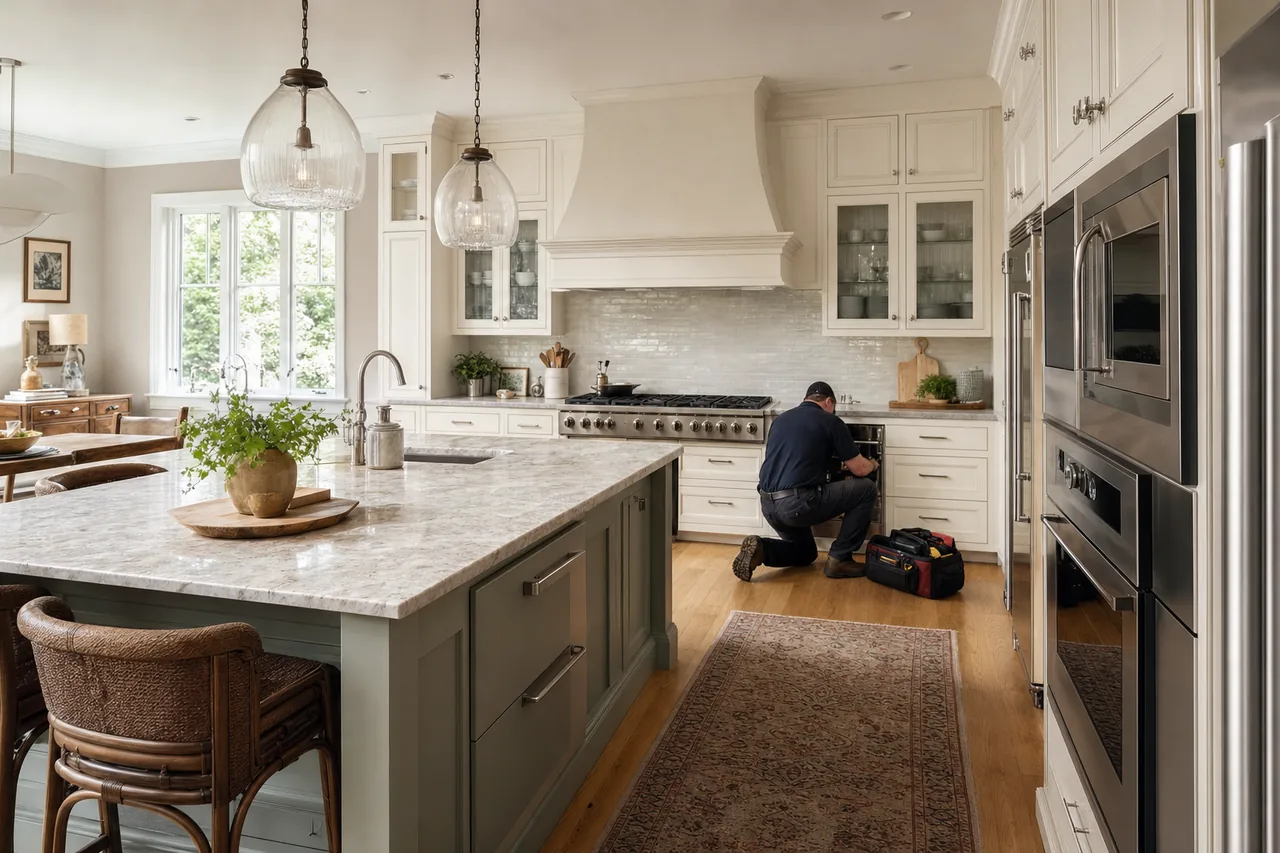 A luxury kitchen with built-in stainless appliances up close