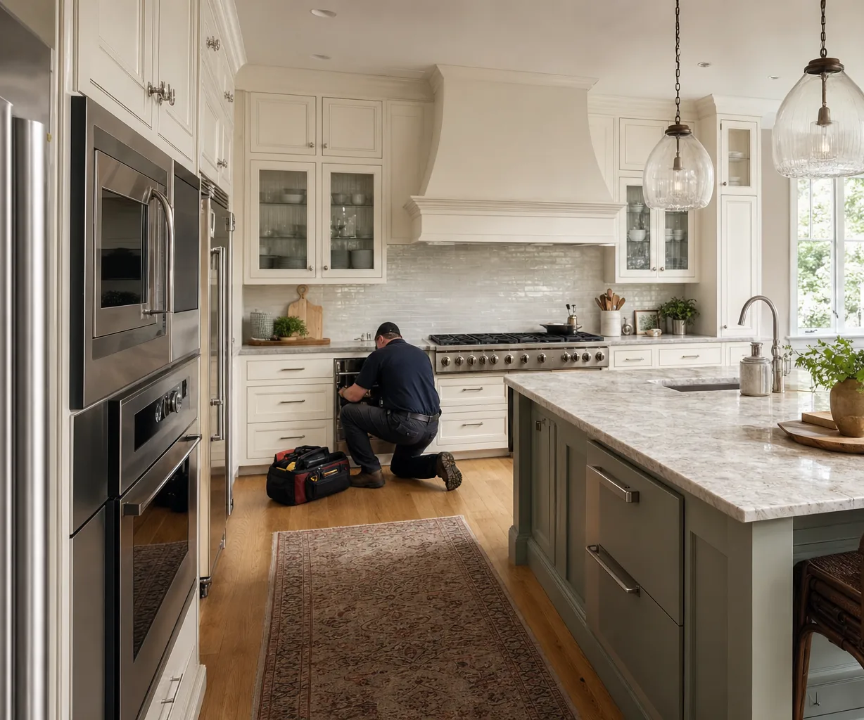 A luxury kitchen with built-in stainless appliances up close