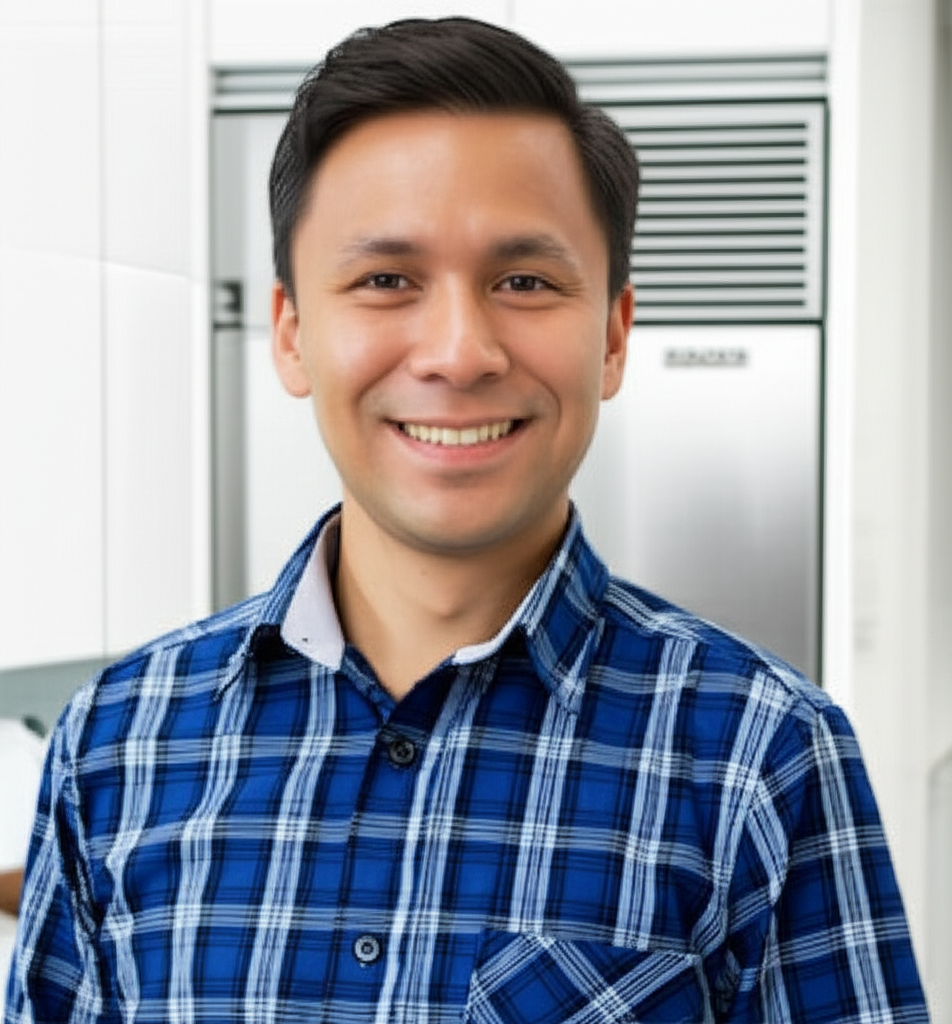 Satisfied customer with repaired appliance