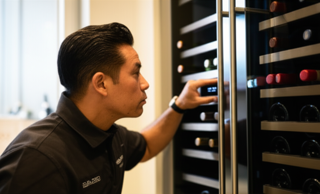 Expert technician performing wine cooler repair
