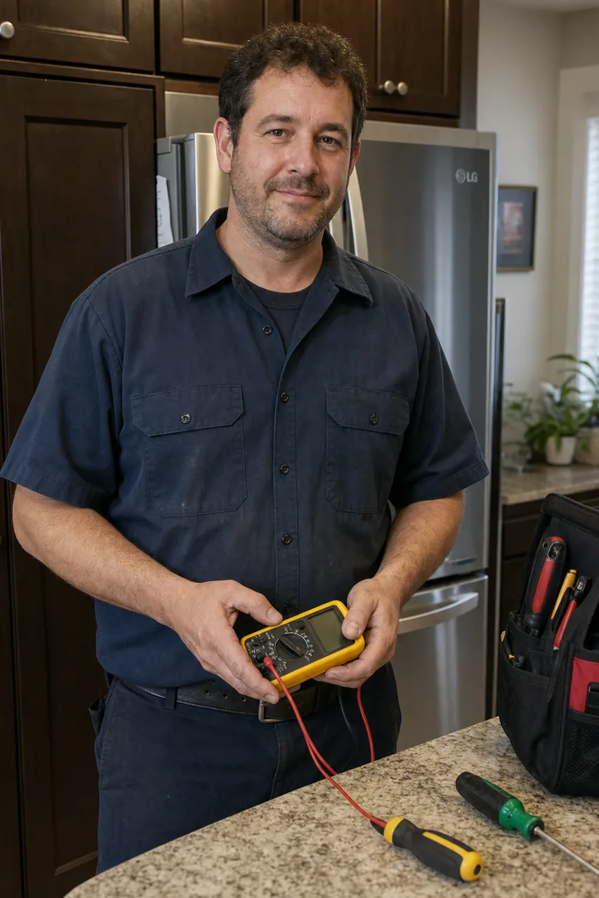 An appliance repair technician in a Scarsdale kitchen holding a multimeter