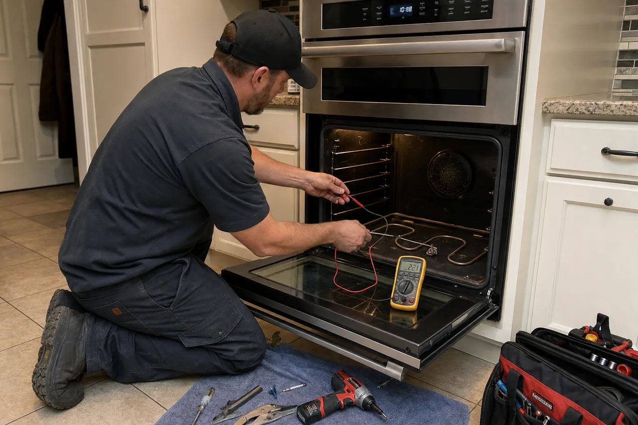 Technician servicing a built-in wall oven up close