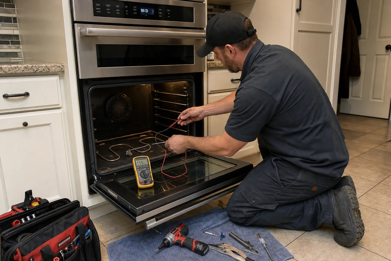 Technician servicing a built-in wall oven in a Scarsdale kitchen