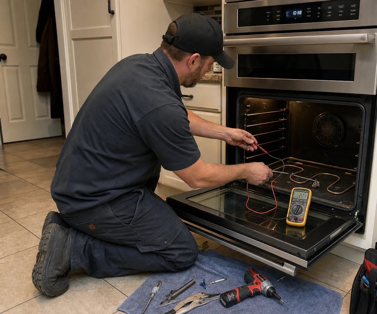 Technician servicing a built-in wall oven up close