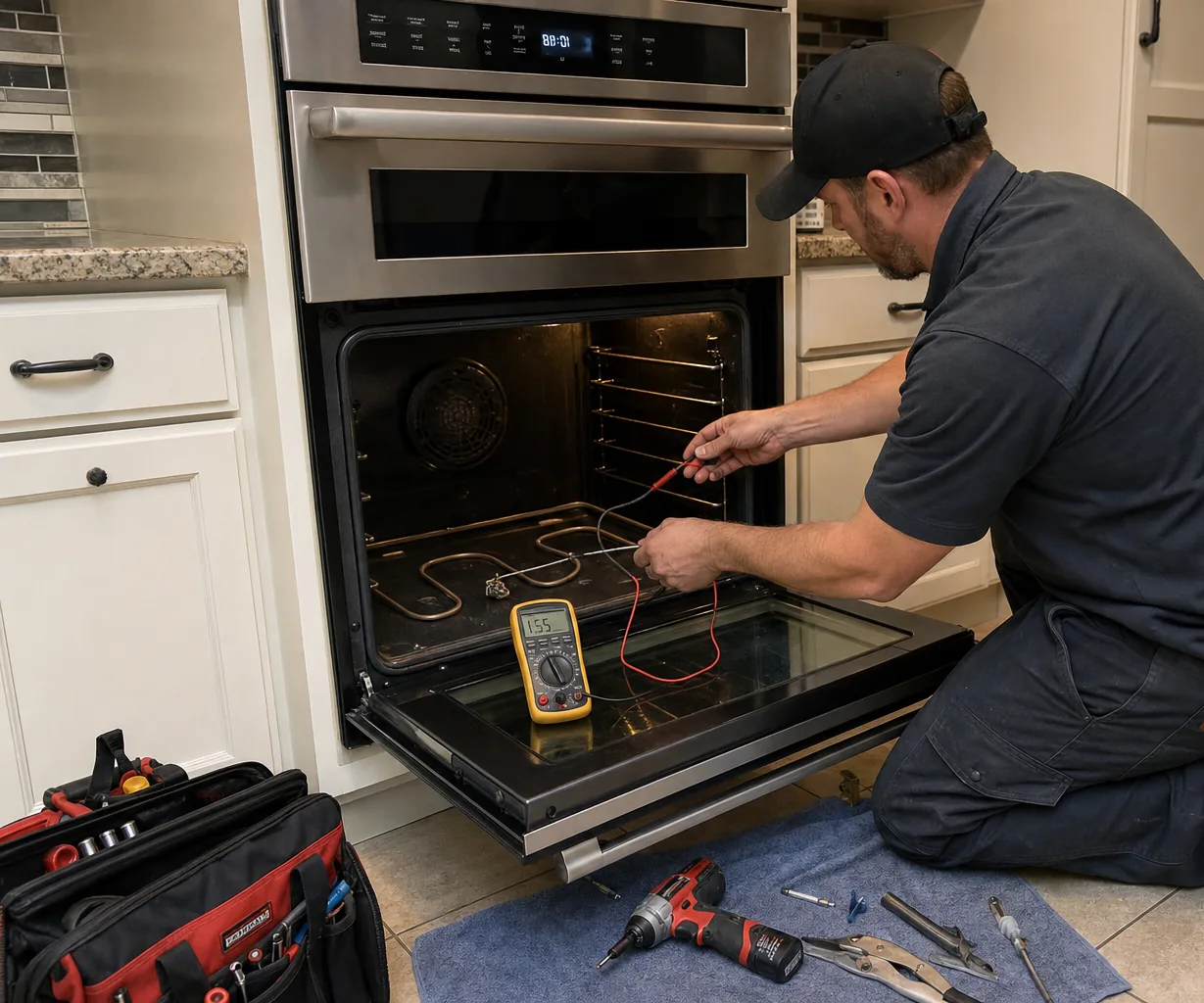 Technician servicing a built-in wall oven on a same-day visit