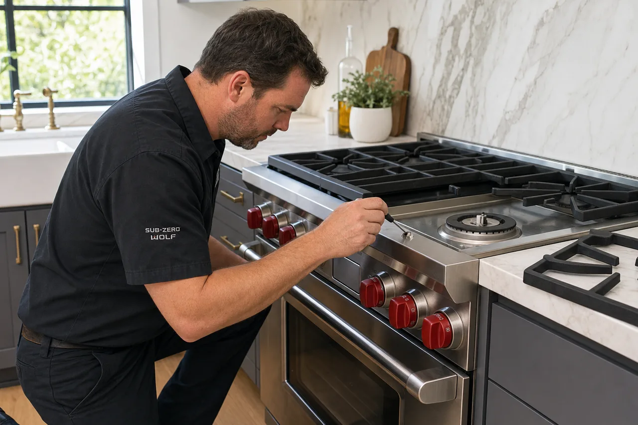Technician servicing a stainless Wolf range on a same-day visit