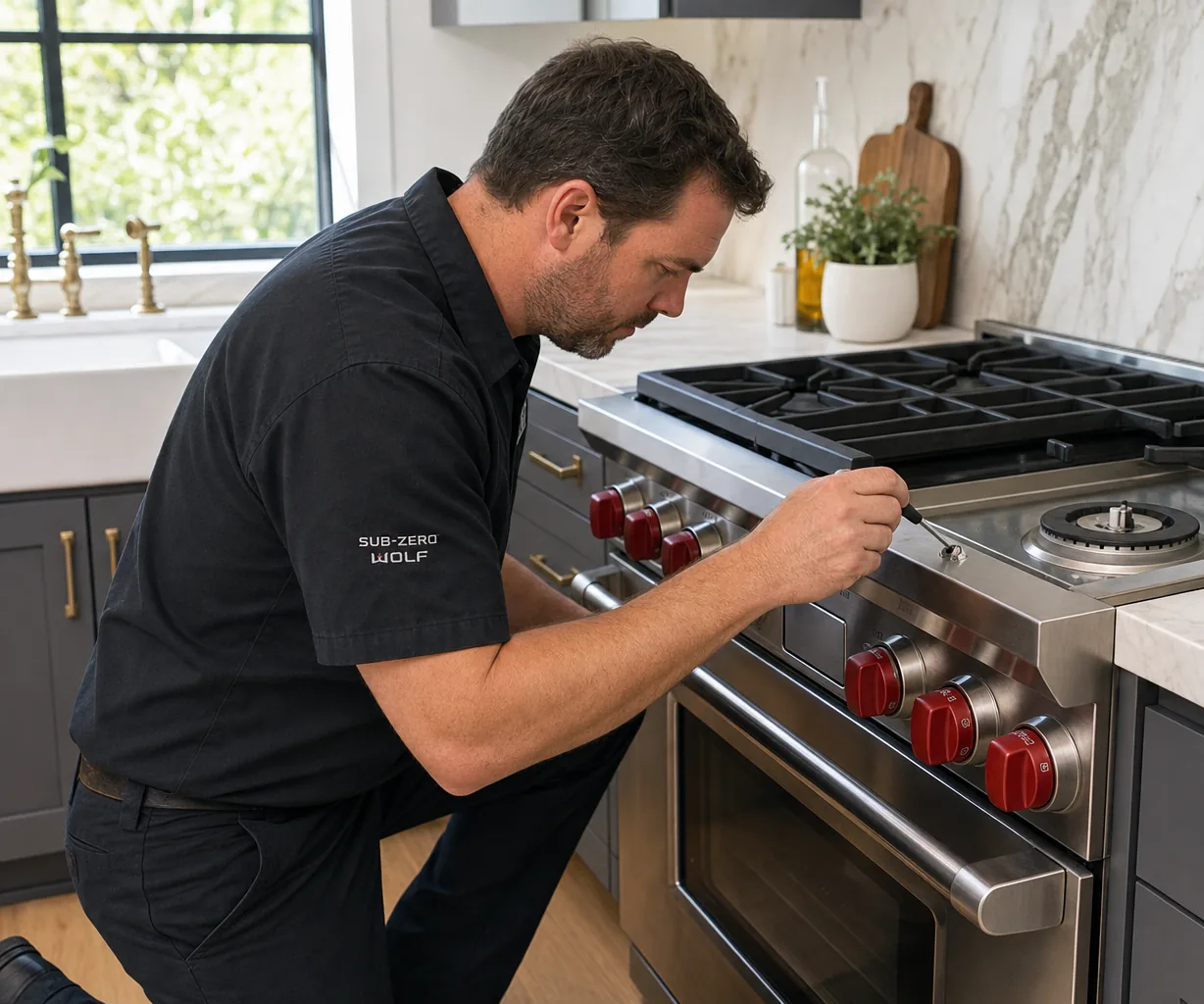 Technician servicing a stainless Wolf range in a Scarsdale kitchen